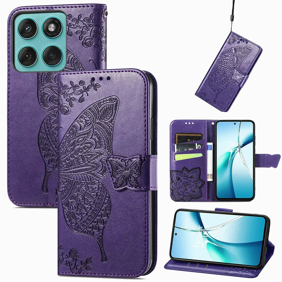 Buy Wallet Case for Motorola, Leather Flip Cover with Card Slots, Wrist Strap, Butterfly Embossed Design, Stand Feature - PENNY at Caseles-Motorola Edge+ (2025), Purple