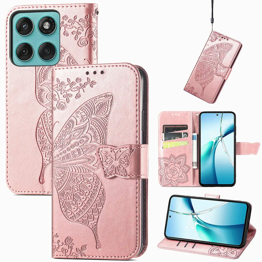 Buy Wallet Case for Motorola, Leather Flip Cover with Card Slots, Wrist Strap, Butterfly Embossed Design, Stand Feature - PENNY at Caseles-Motorola Edge+ (2025), Rose Gold