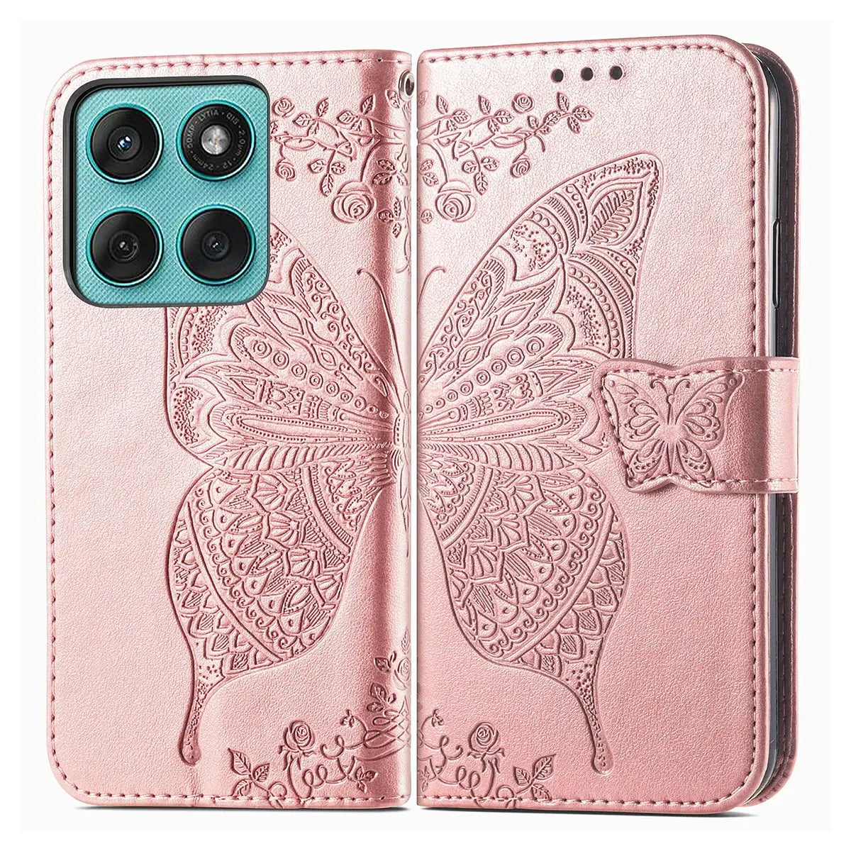 Buy Wallet Case for Motorola, Leather Flip Cover with Card Slots, Wrist Strap, Butterfly Embossed Design, Stand Feature - PENNY at Caseles-Motorola Edge (2026), Rose Gold