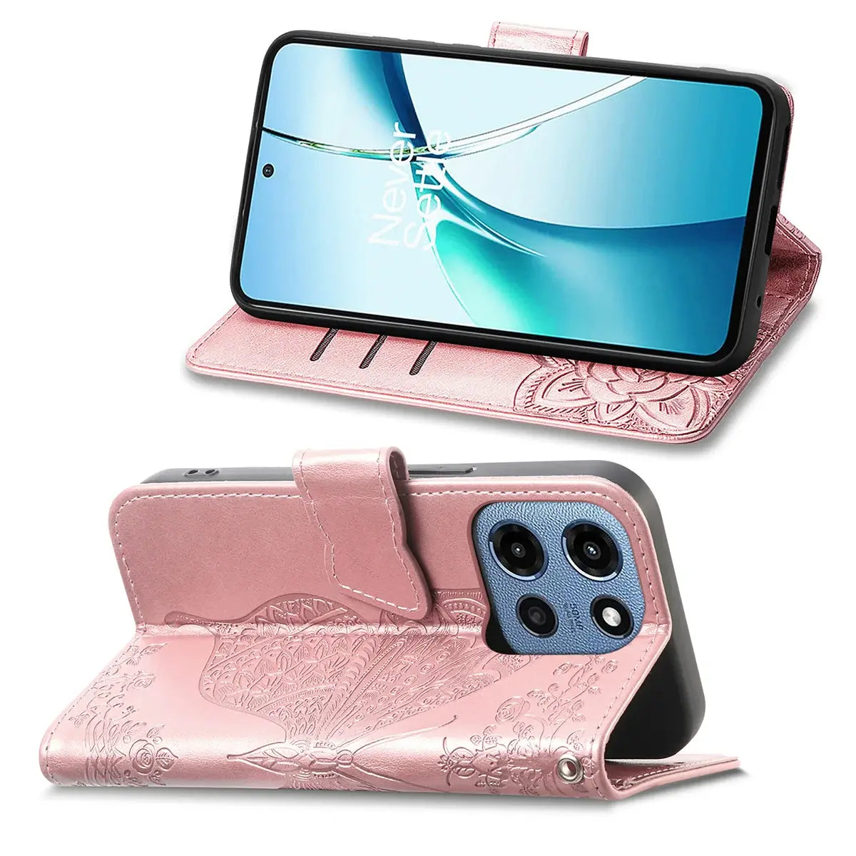 Buy Wallet Case for Motorola, Leather Flip Cover with Card Slots, Wrist Strap, Butterfly Embossed Design, Stand Feature - PENNY at Caseles-Motorola Edge (2026), Rose Gold