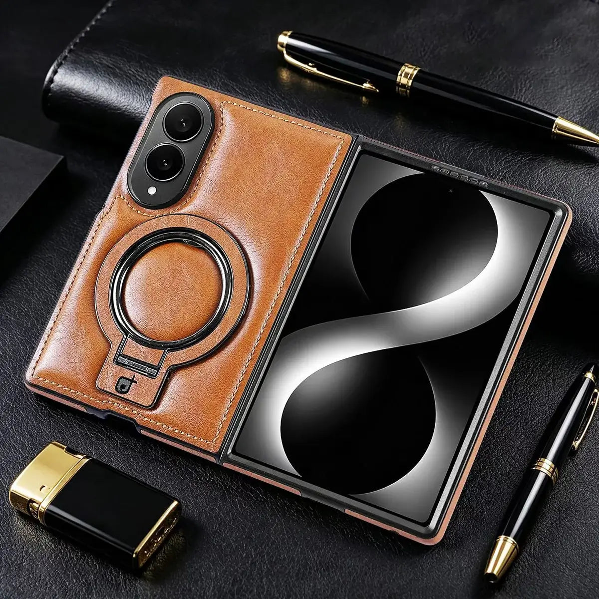 Buy Luxury Leather Magnetic Case for Samsung Z Fold Series, Built-in Invisible Stand, Premium Phone Cover - PHAROS at Caseles-Samsung Galaxy Z Fold 8, Brown