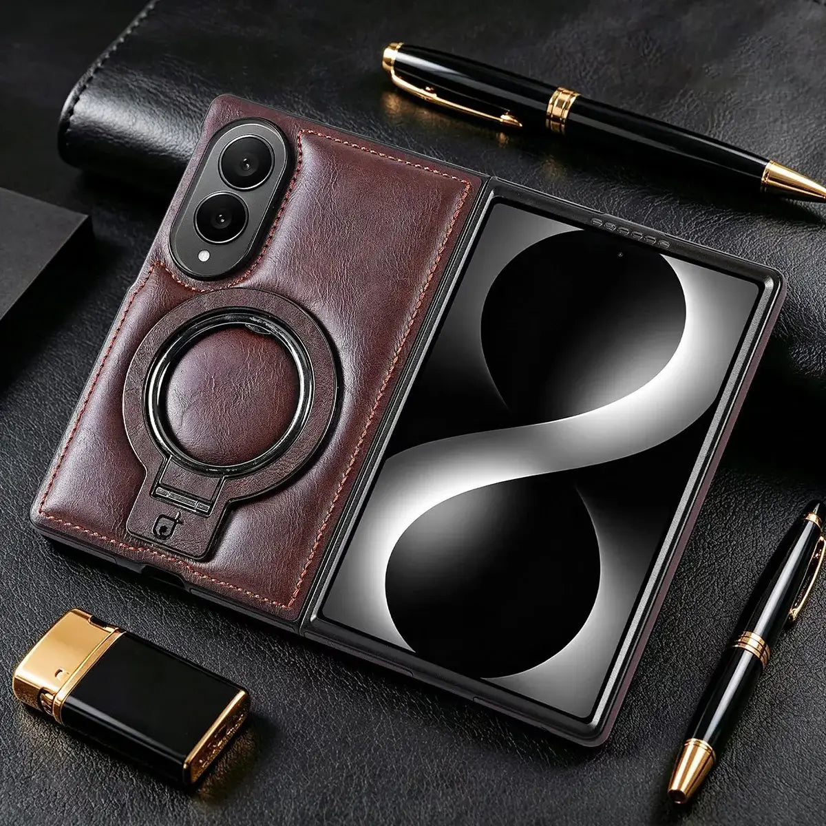 Buy Luxury Leather Magnetic Case for Samsung Z Fold Series, Built-in Invisible Stand, Premium Phone Cover - PHAROS at Caseles-Samsung Galaxy Z Fold 8, Coffee