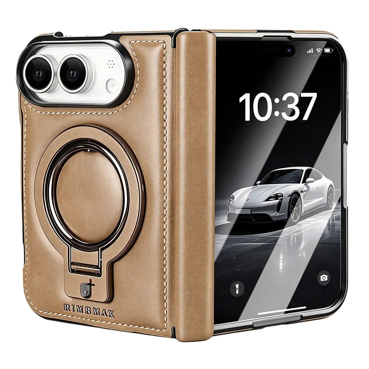 Buy Premium Leather MagSafe Case with Spring Hinge & Built-in Stand - PHEDRA at Caseles-iPhone Duo, Beige