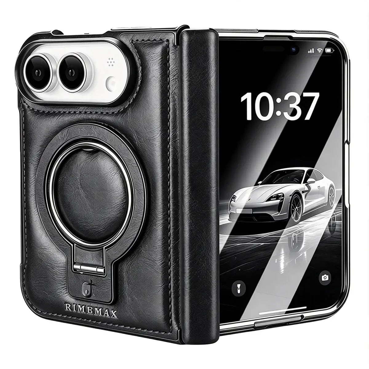 Buy Premium Leather MagSafe Case with Spring Hinge & Built-in Stand - PHEDRA at Caseles-iPhone Duo, Black
