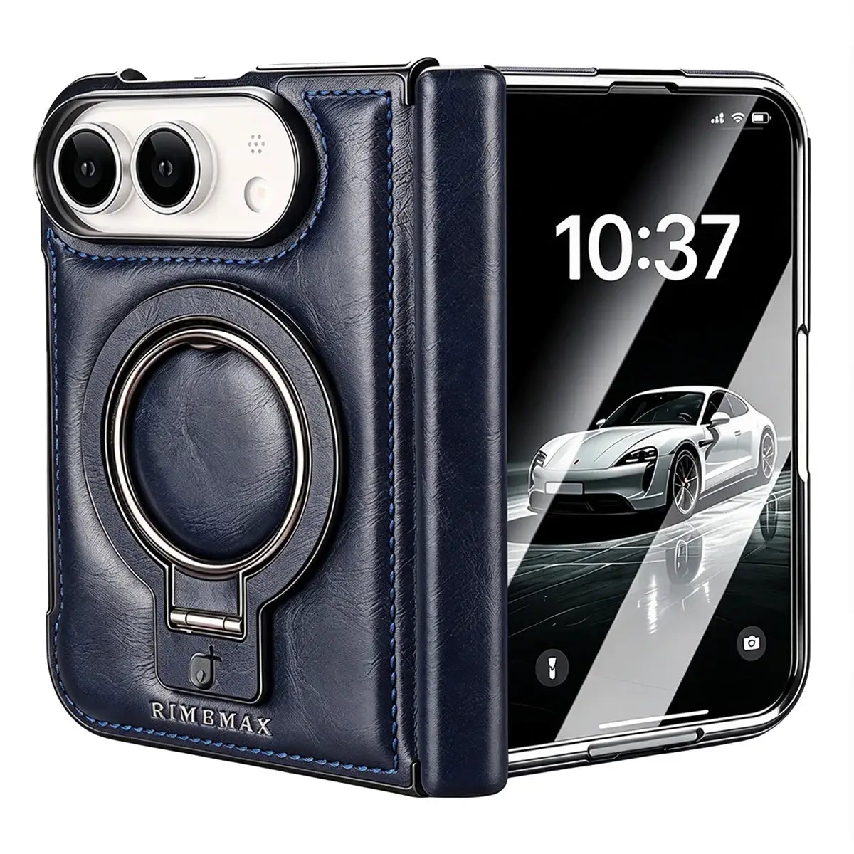 Buy Premium Leather MagSafe Case with Spring Hinge & Built-in Stand - PHEDRA at Caseles-iPhone Duo, Blue