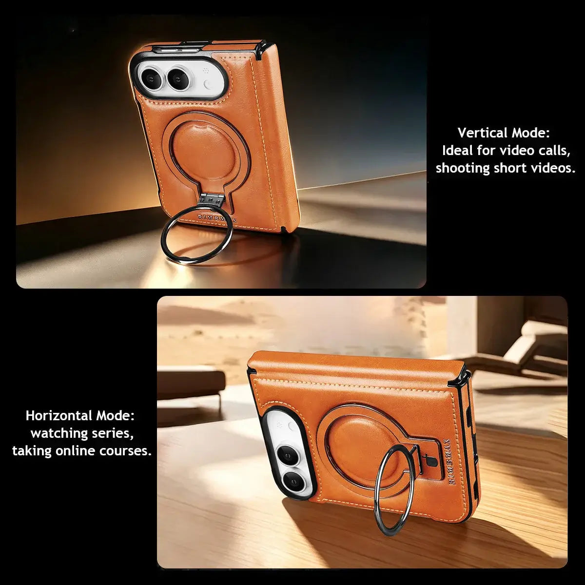 Buy Premium Leather MagSafe Case with Spring Hinge & Built-in Stand - PHEDRA at Caseles-iPhone Duo, Bronze