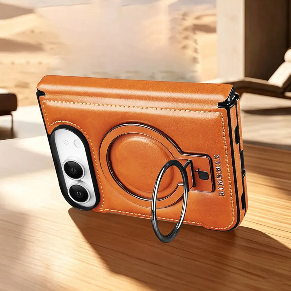 Buy Premium Leather MagSafe Case with Spring Hinge & Built-in Stand - PHEDRA at Caseles-iPhone Duo, Bronze