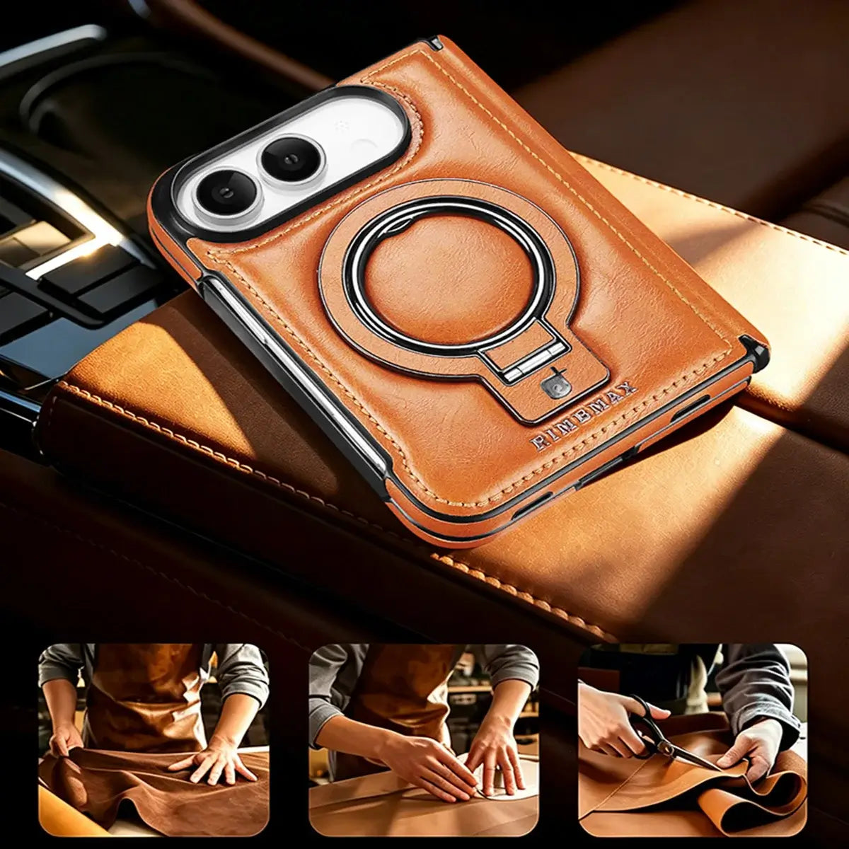 Buy Premium Leather MagSafe Case with Spring Hinge & Built-in Stand - PHEDRA at Caseles-iPhone Duo, Bronze