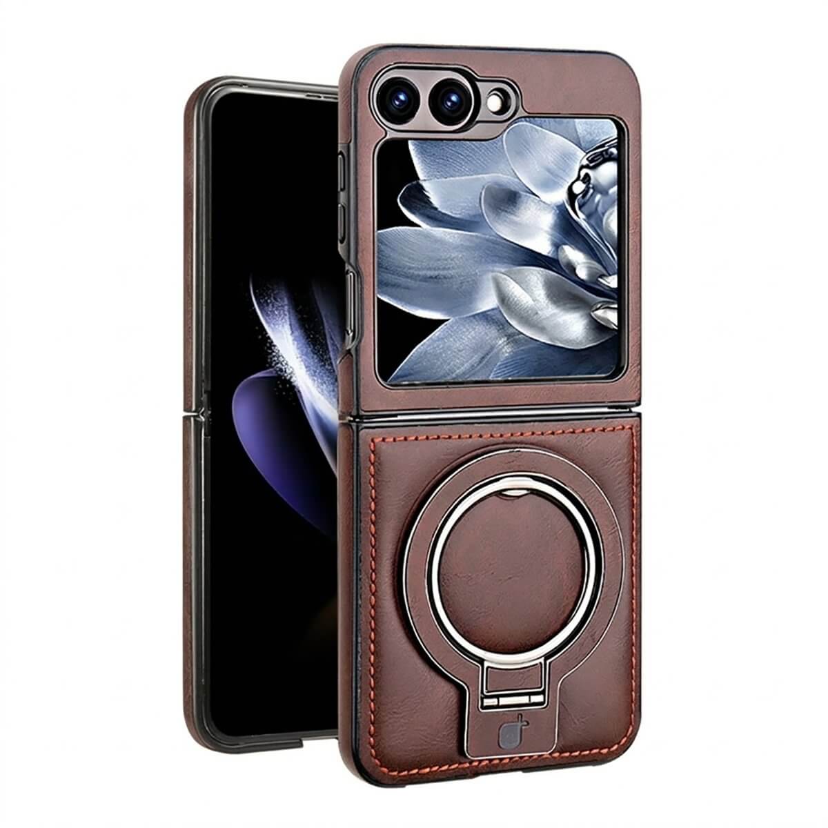 Buy Luxury Leather Magnetic Case for Samsung Z Series, Built-in Invisible Stand, Premium Phone Cover - PHONEX at Caseles-Samsung Galaxy Z Flip 7, Brown