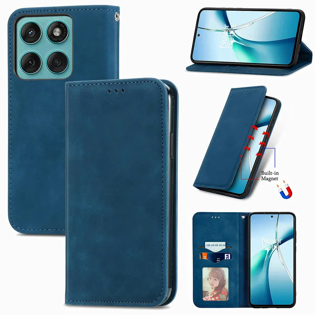 Buy Skin Touch Leather Wallet Case with Magnetic Closure, Slim Card Holder Flip Cover with Foldable Kickstand, Shockproof Protective Phone Case - Rhodes at Caseles-Motorola Edge Plus (2026), Blue