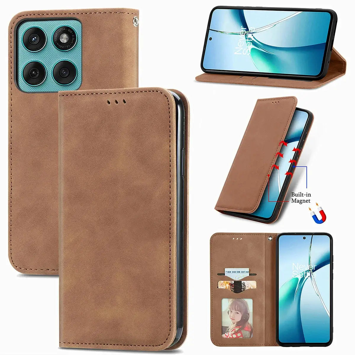 Buy Skin Touch Leather Wallet Case with Magnetic Closure, Slim Card Holder Flip Cover with Foldable Kickstand, Shockproof Protective Phone Case - Rhodes at Caseles-Motorola Edge Plus (2026), Bronze