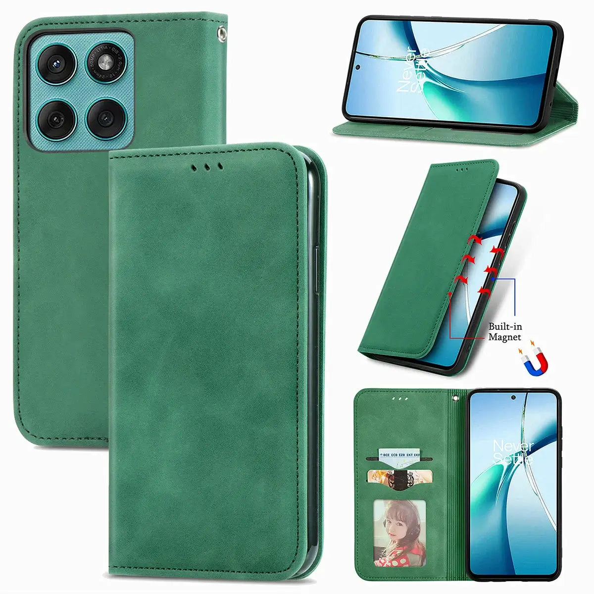Buy Skin Touch Leather Wallet Case with Magnetic Closure, Slim Card Holder Flip Cover with Foldable Kickstand, Shockproof Protective Phone Case - Rhodes at Caseles-Motorola Edge Plus (2026), Green