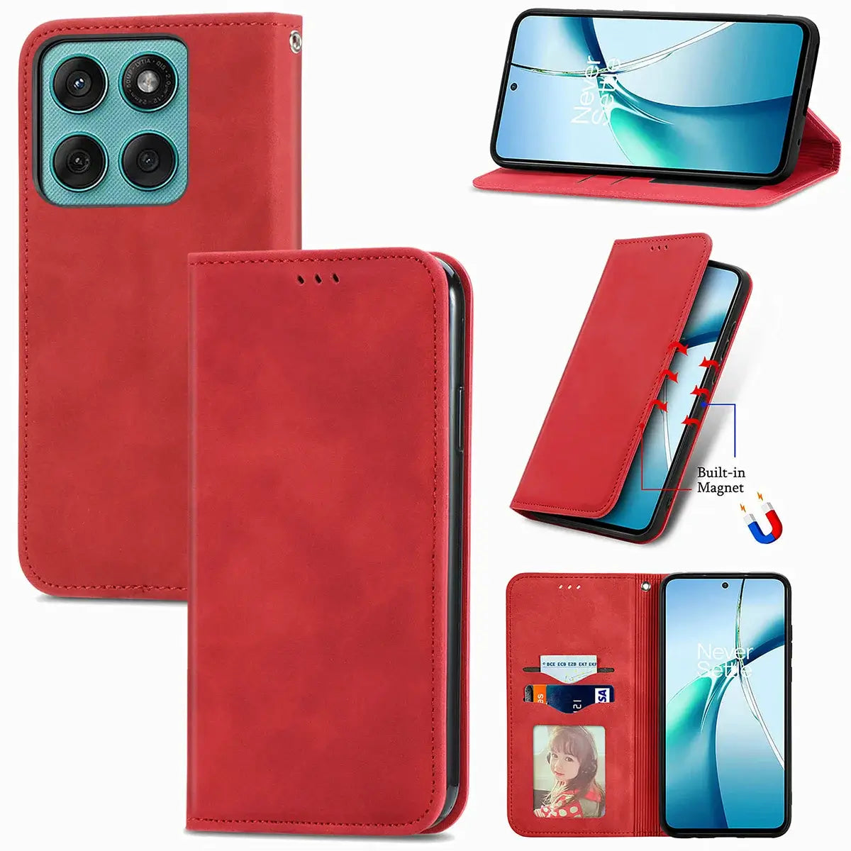 Buy Skin Touch Leather Wallet Case with Magnetic Closure, Slim Card Holder Flip Cover with Foldable Kickstand, Shockproof Protective Phone Case - Rhodes at Caseles-Motorola Edge Plus (2026), Red