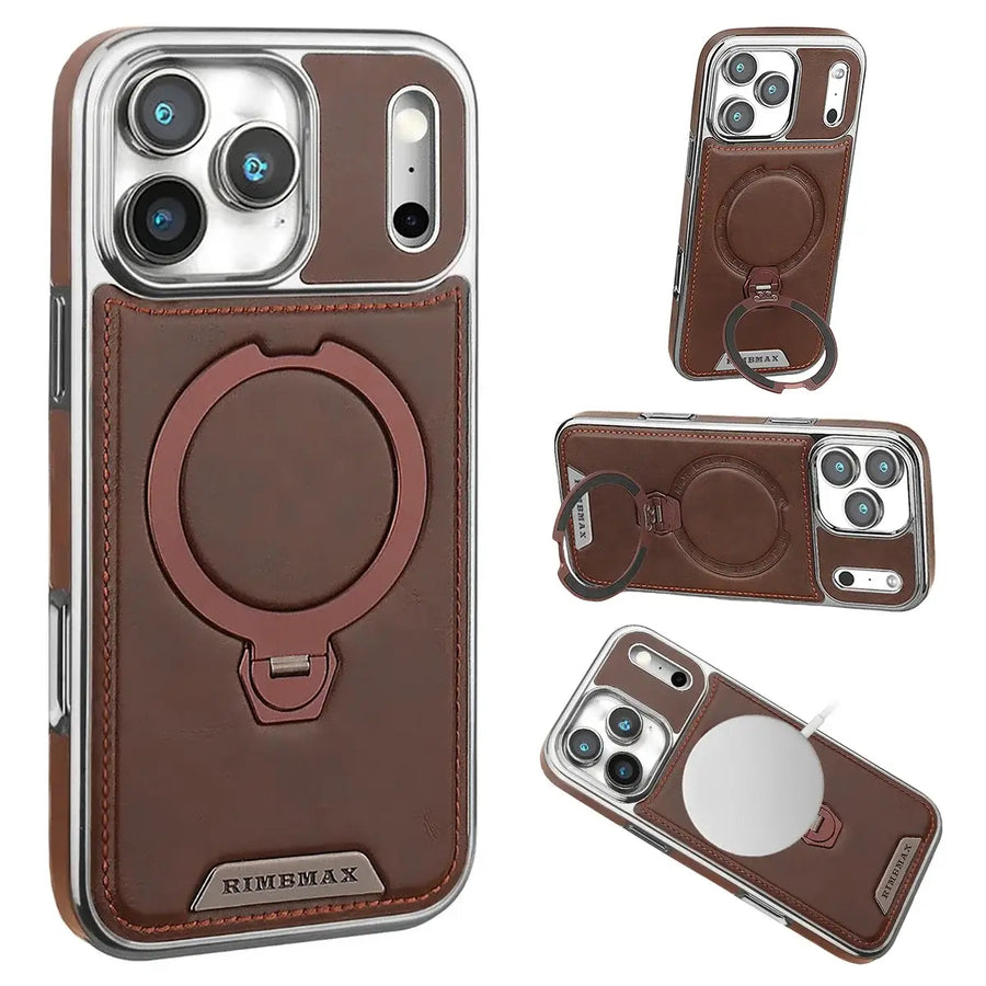 Buy Luxury Leather Invisible Stand for iPhone Case, Transmitg Magnetic Phone Case for iPhone Built-in Invisible Stand - PHOEBE at Caseles-iPhone 17 Pro Max, Brown