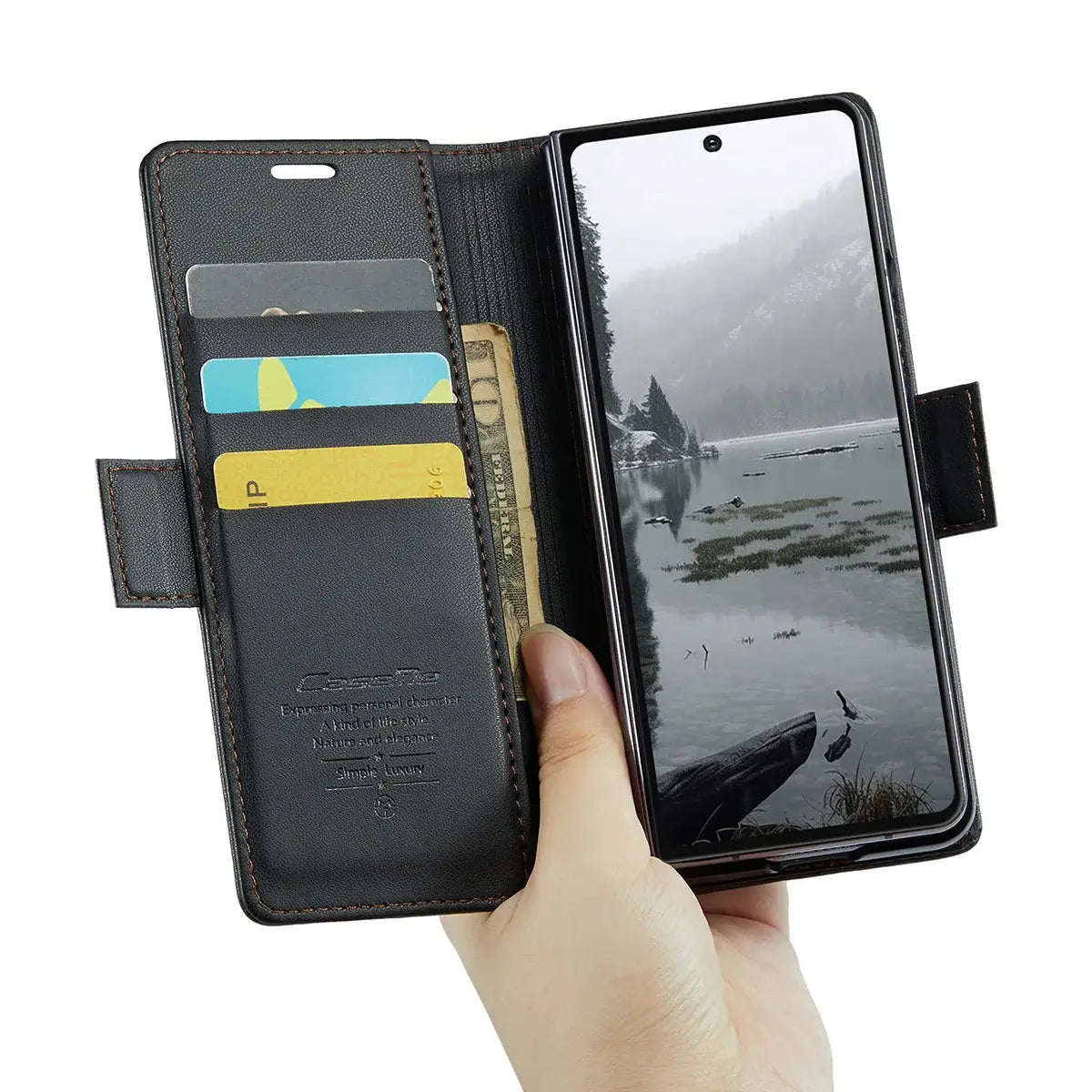 Buy Premium PU Leather Wallet Case with RFID Blocking, Secure Magnetic Closure, Card Slots & Multi-Angle Kickstand - ROAN at Caseles-Samsung Galaxy Z Fold 8 Ultra, Black