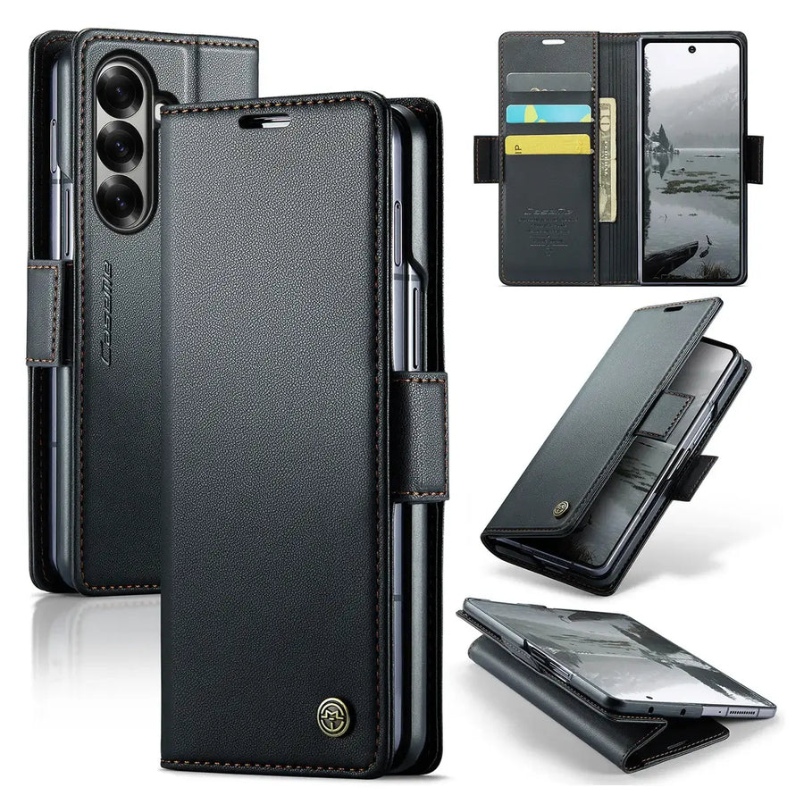 Buy Premium PU Leather Wallet Case with RFID Blocking, Secure Magnetic Closure, Card Slots & Multi-Angle Kickstand - ROAN at Caseles-Samsung Galaxy Z Fold 8 Ultra, Black