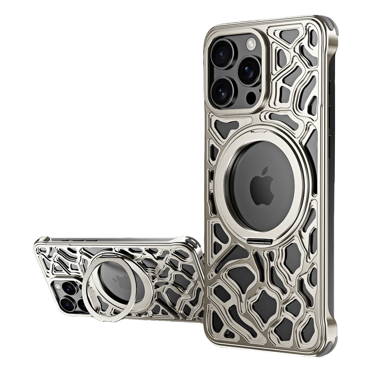 Buy Luxury Aluminum iPhone Case with 360° Rotatable Ring Kickstand, Magnetic Slim Shockproof Cover, Heat Dissipation, Titanium Finish - Rockwell at Caseles-iPhone 16 Pro Max, Silver