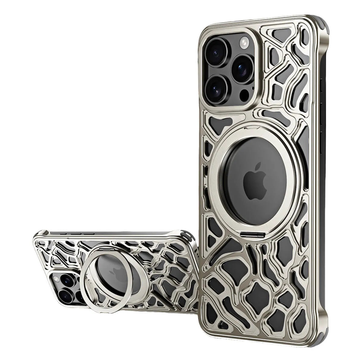 Buy Luxury Aluminum iPhone Case with 360° Rotatable Ring Kickstand, Magnetic Slim Shockproof Cover, Heat Dissipation, Titanium Finish - Rockwell at Caseles-iPhone 16 Pro Max, Silver