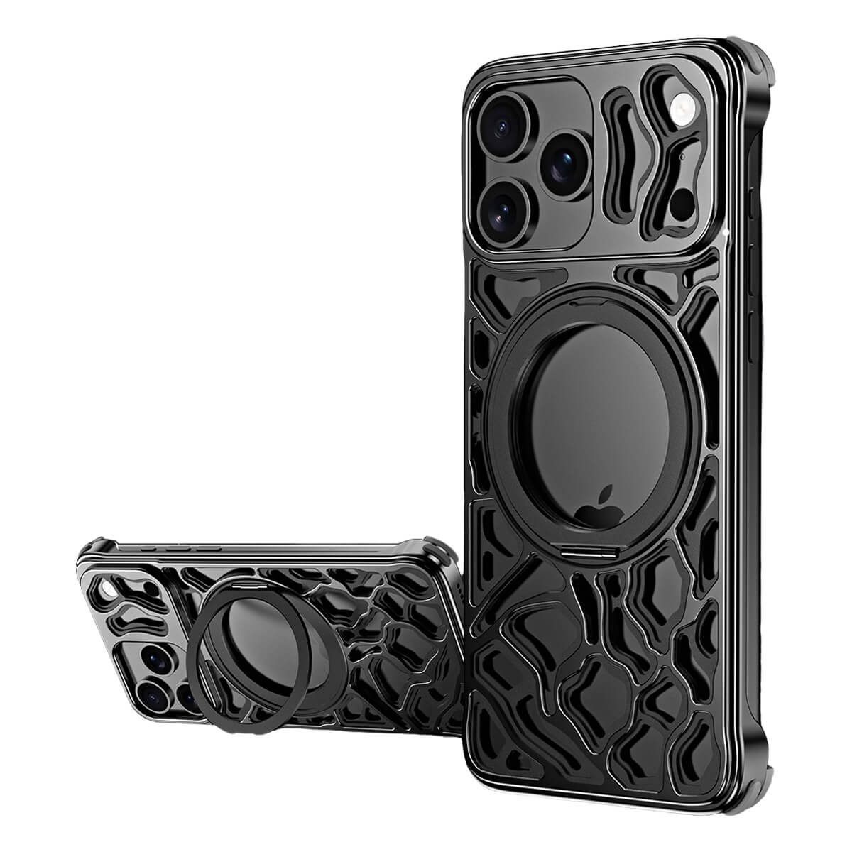 Buy Aluminum Metal Frameless Design Bumper Phone Case for iPhone with Rotatable Ring Holder Magnetic Kickstand Cover - ZEE at Caseles-iPhone 17 Pro Max, Black