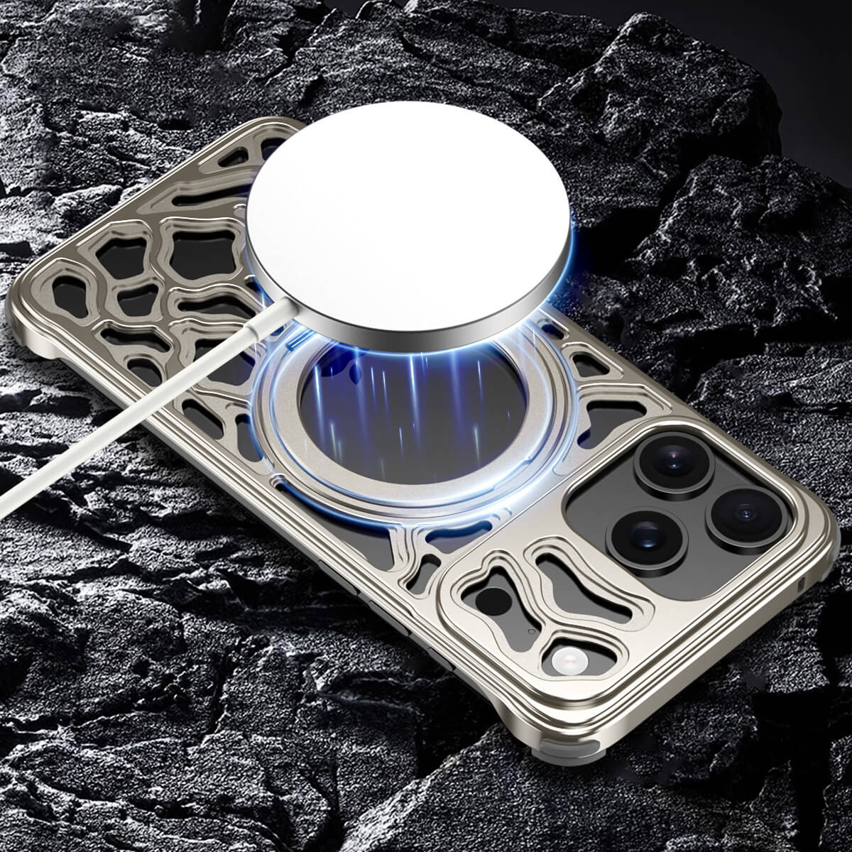 Buy Aluminum Metal Frameless Design Bumper Phone Case for iPhone with Rotatable Ring Holder Magnetic Kickstand Cover - ZEE at Caseles-iPhone 17 Pro Max, Black