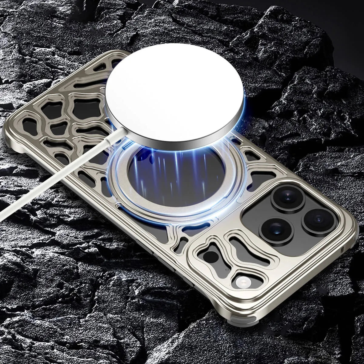 Buy Aluminum Metal Frameless Design Bumper Phone Case for iPhone with Rotatable Ring Holder Magnetic Kickstand Cover - ZEE at Caseles-iPhone 17 Pro Max, Black