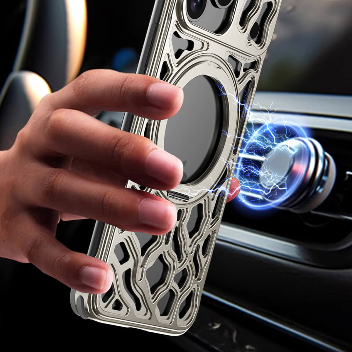 Buy Aluminum Metal Frameless Design Bumper Phone Case for iPhone with Rotatable Ring Holder Magnetic Kickstand Cover - ZEE at Caseles-iPhone 17 Pro Max, Black