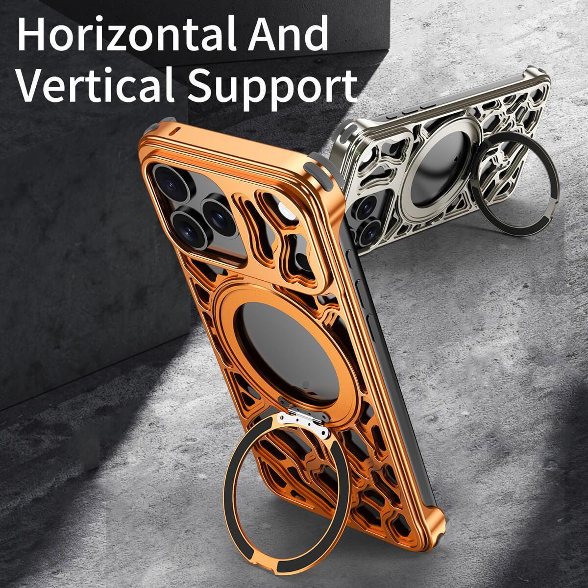 Buy Aluminum Metal Frameless Design Bumper Phone Case for iPhone with Rotatable Ring Holder Magnetic Kickstand Cover - ZEE at Caseles-iPhone 17 Pro Max, Black