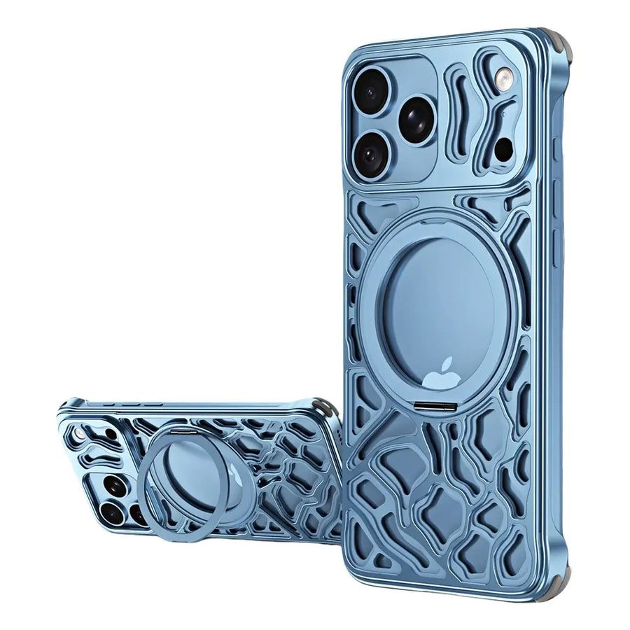 Buy Aluminum Metal Frameless Design Bumper Phone Case for iPhone with Rotatable Ring Holder Magnetic Kickstand Cover - ZEE at Caseles-iPhone 17 Pro Max, Light Blue
