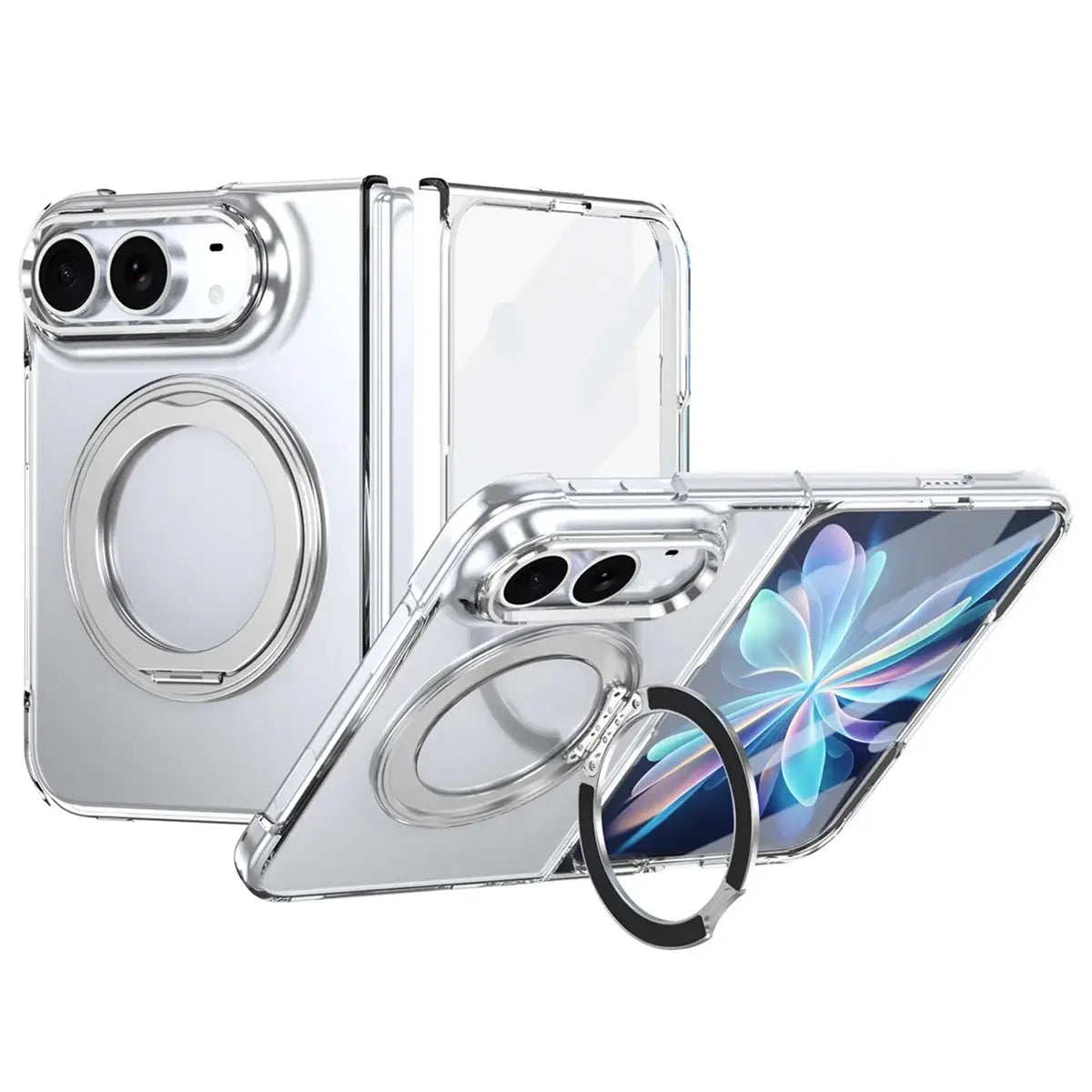 Buy Transparent Magnetic Case with 360° Metal Ring Stand, 1:1 Precise Camera Protection, Screen Protector & 12FT Drop Defense - REVON at Caseles-iPhone Duo, Silver