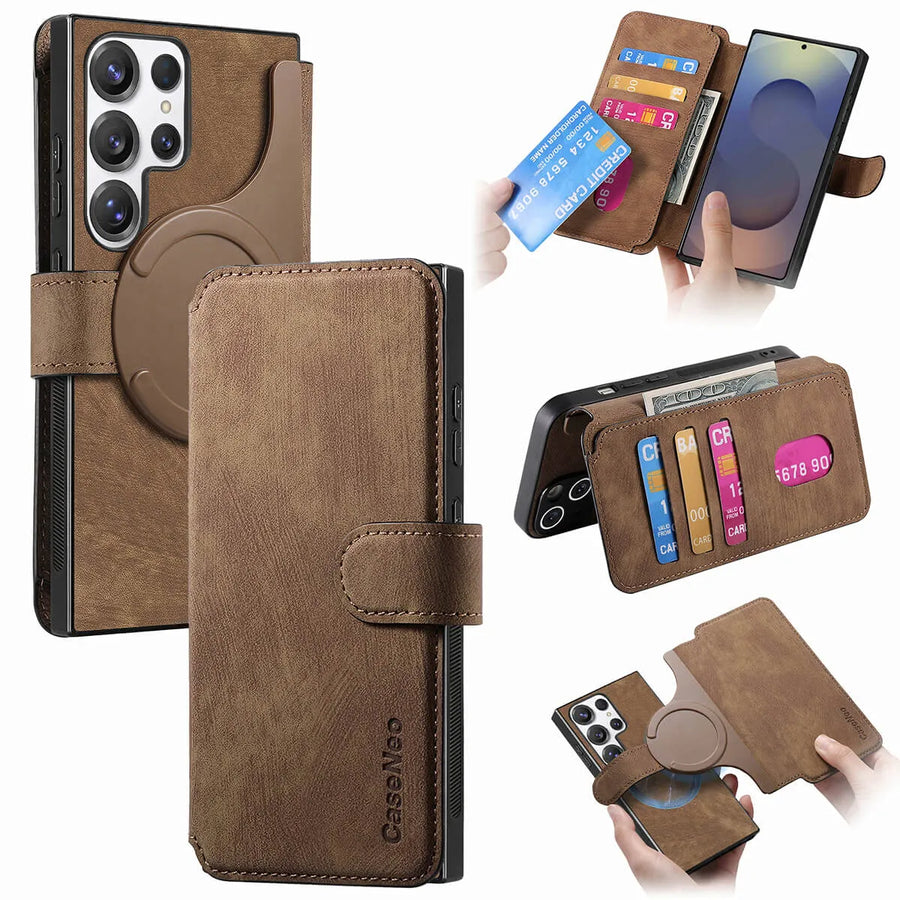 Buy Retro Magnetic Wallet Case, Support Magsafe, Detachable 2in1 Folio Flip Cover, with Card Slots - Ryder at Caseles-Samsung Galaxy S25 Ultra, Brown
