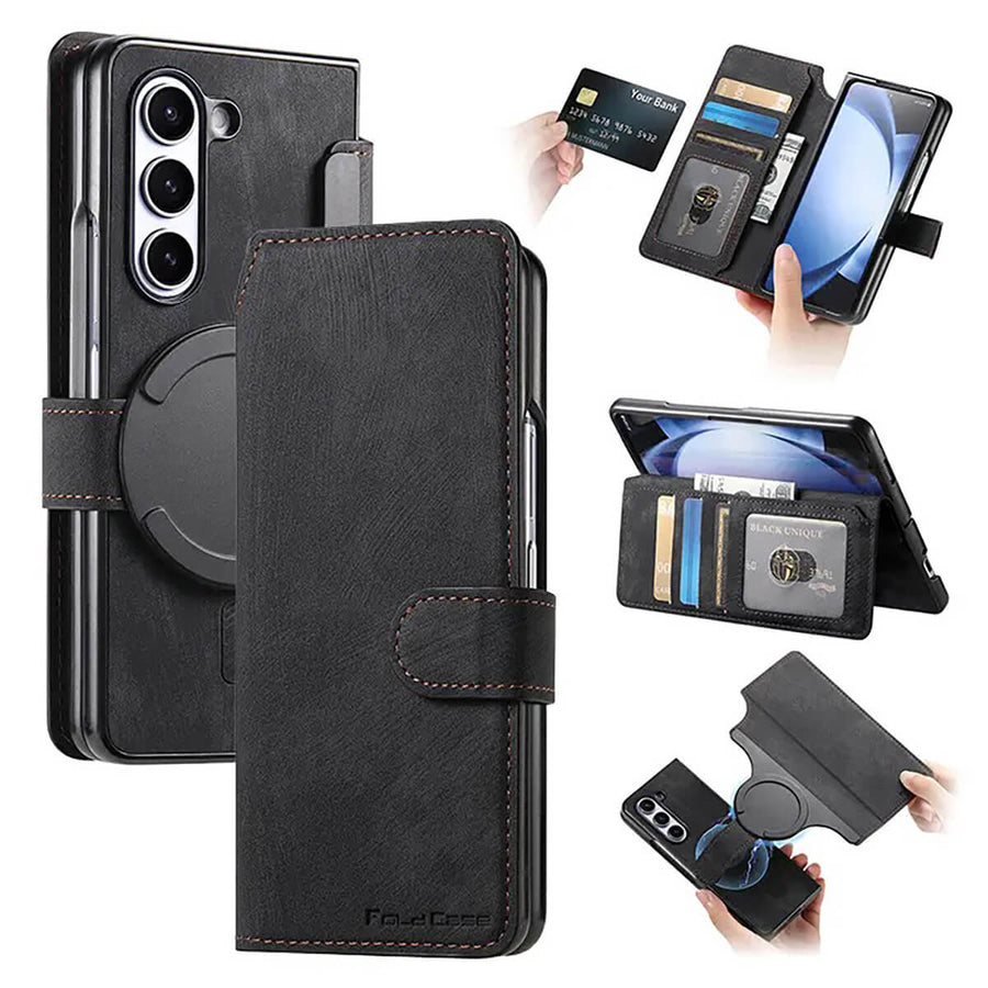 Buy Retro Magnetic Wallet Case, Support Magsafe, Detachable 2in1 Folio Flip Cover, with Card Slots - Ryder at Caseles-Samsung Galaxy Z Fold 7, Black