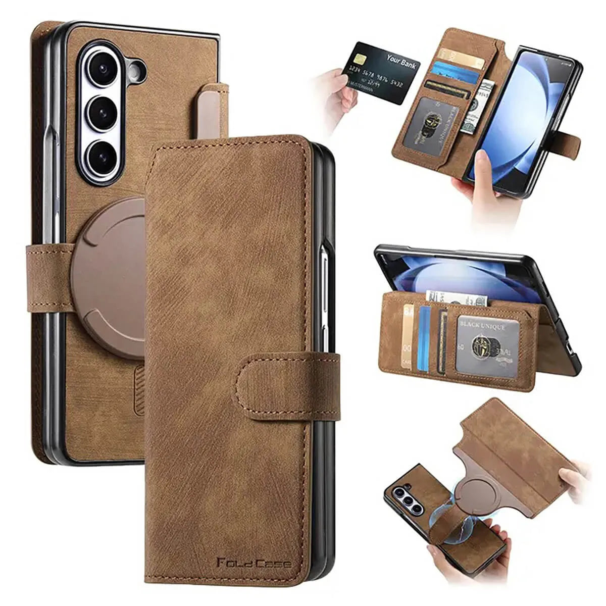 Buy Retro Magnetic Wallet Case, Support Magsafe, Detachable 2in1 Folio Flip Cover, with Card Slots - Ryder at Caseles-Samsung Galaxy Z Fold 7, Brown
