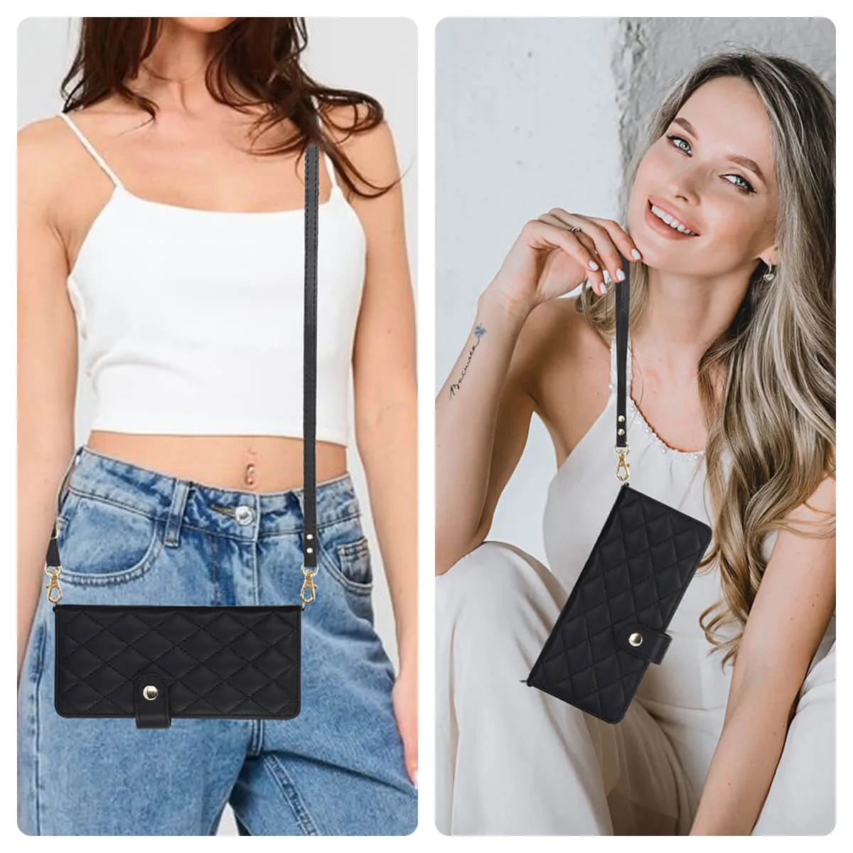 Buy Luxury Grid Leather Wallet Case for Samsung Galaxy with S Pen Holder & Crossbody Strap, SADIE at Caseles-Samsung Galaxy Z Fold 7, Black