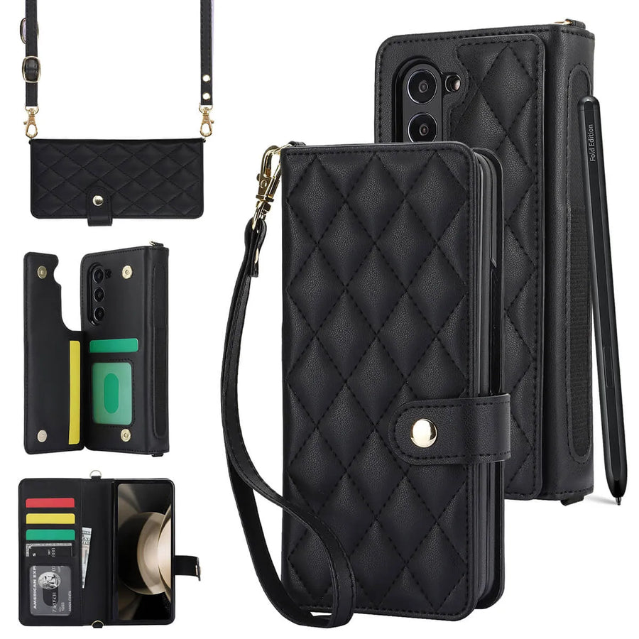 Buy Luxury Grid Leather Wallet Case for Samsung Z Fold with S Pen Holder & Crossbody Strap, SADIE at Caseles-Samsung Galaxy Z Fold 7, Black