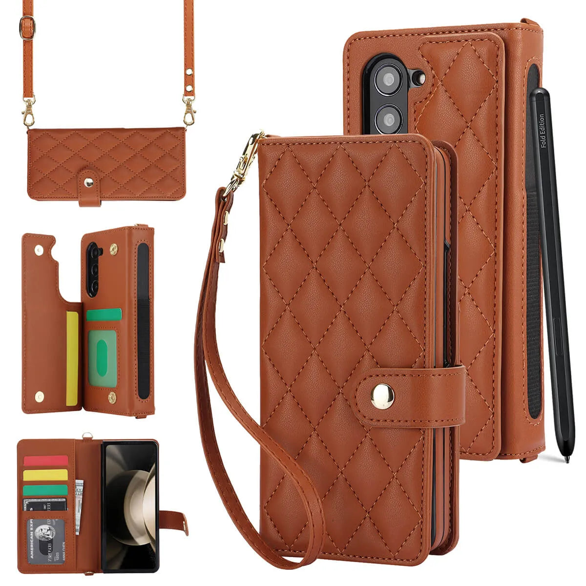 Buy Luxury Grid Leather Wallet Case for Samsung Z Fold with S Pen Holder & Crossbody Strap, SADIE at Caseles-Samsung Galaxy Z Fold 7, Bronze
