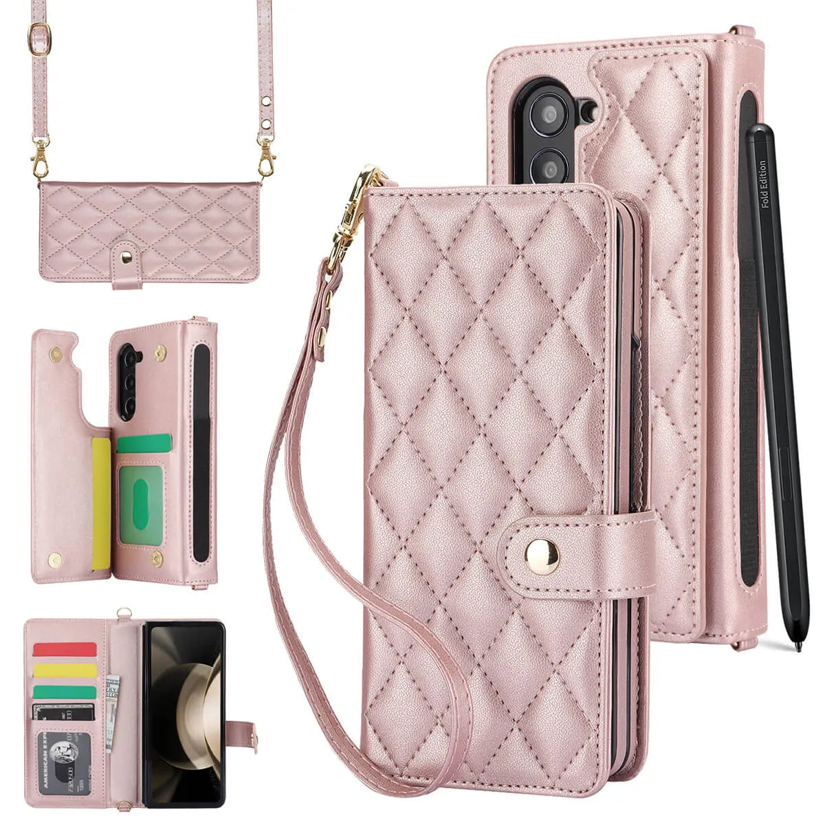 Buy Luxury Grid Leather Wallet Case for Samsung Z Fold with S Pen Holder & Crossbody Strap, SADIE at Caseles-Samsung Galaxy Z Fold 7, Pink