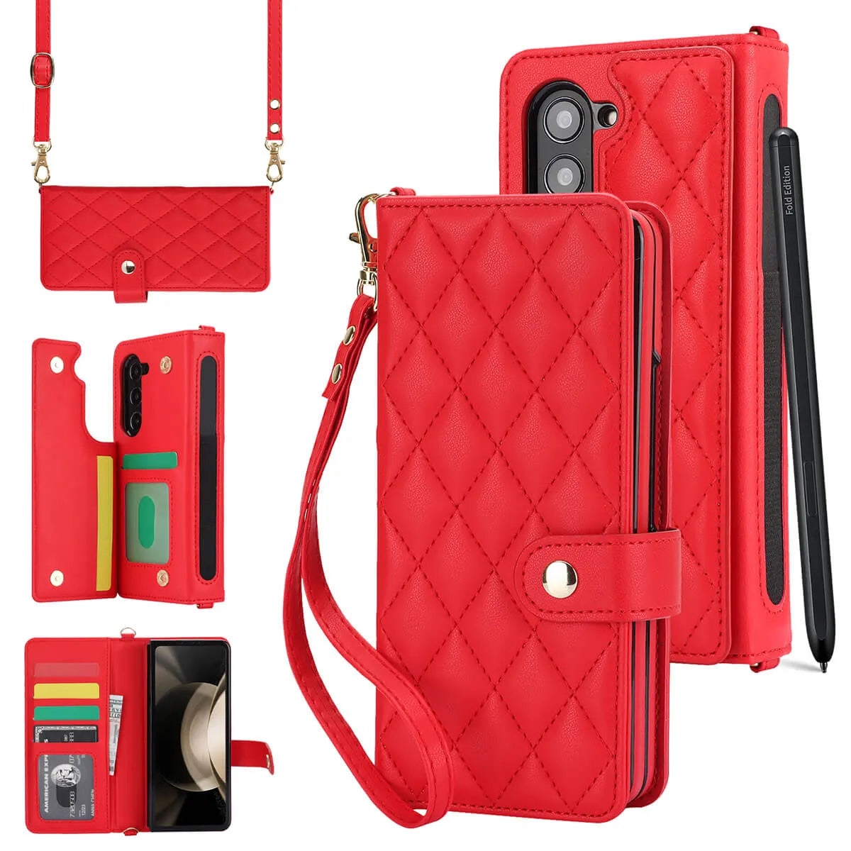 Buy Luxury Grid Leather Wallet Case for Samsung Z Fold with S Pen Holder & Crossbody Strap, SADIE at Caseles-Samsung Galaxy Z Fold 7, Red