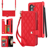 Buy Luxury Grid Leather Wallet Case for Samsung Z Fold with S Pen Holder & Crossbody Strap, SADIE at Caseles-Samsung Galaxy Z Fold 7, Red