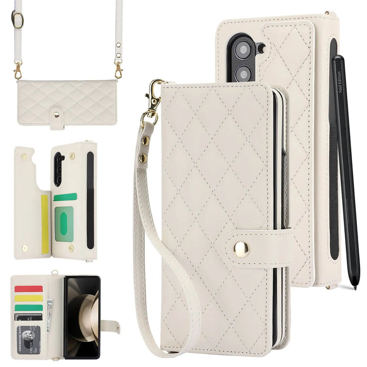 Buy Luxury Grid Leather Wallet Case for Samsung Z Fold with S Pen Holder & Crossbody Strap, SADIE at Caseles-Samsung Galaxy Z Fold 7, White