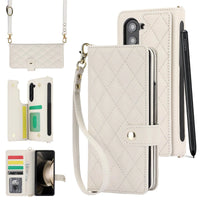 Buy Luxury Grid Leather Wallet Case for Samsung Z Fold with S Pen Holder & Crossbody Strap, SADIE at Caseles-Samsung Galaxy Z Fold 7, White