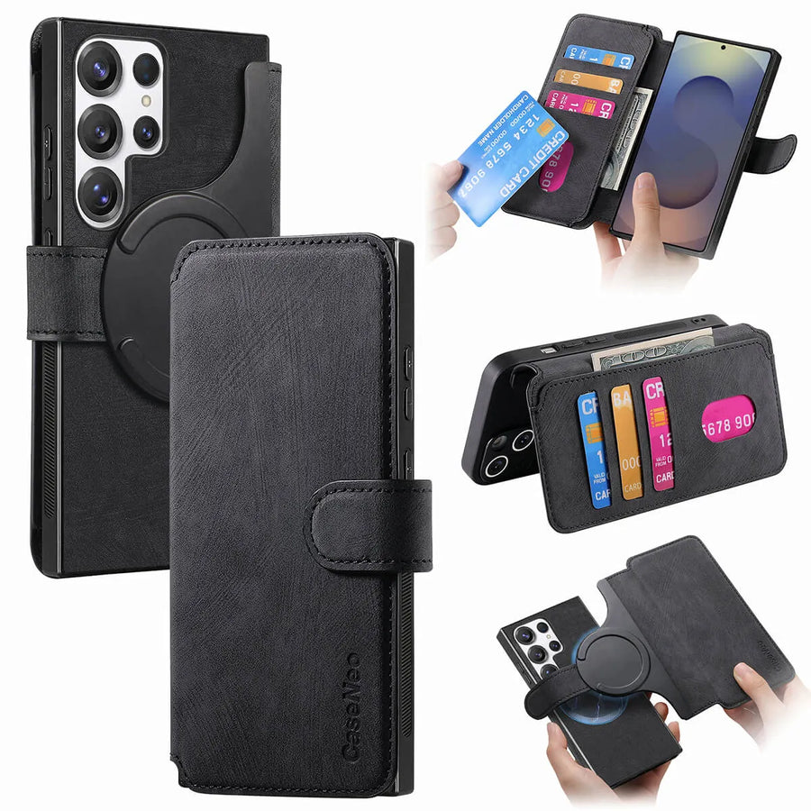 Buy Retro Magnetic Wallet Case, Support Magsafe, Detachable 2in1 Folio Flip Cover, with Card Slots - Stanley at Caseles-Samsung Galaxy A55 5G, Black