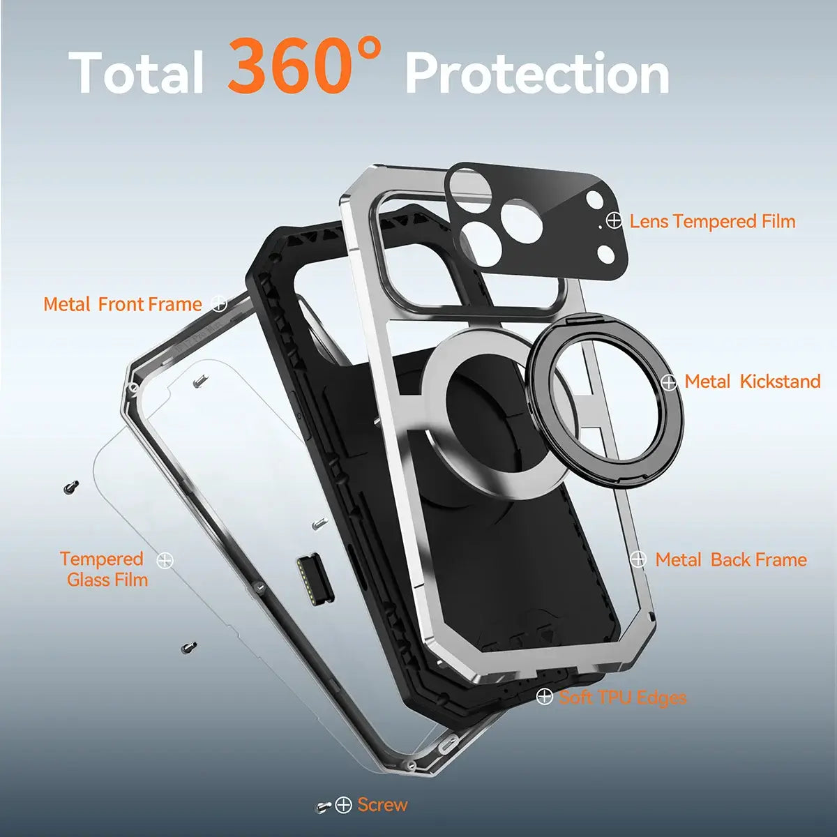 Buy 360° Rotatable Magnetic Stand Case | Full-Body Protection, Lens Guard & Wireless Charging Support - Stark at Caseles-iPhone 17 Pro Max, Orange