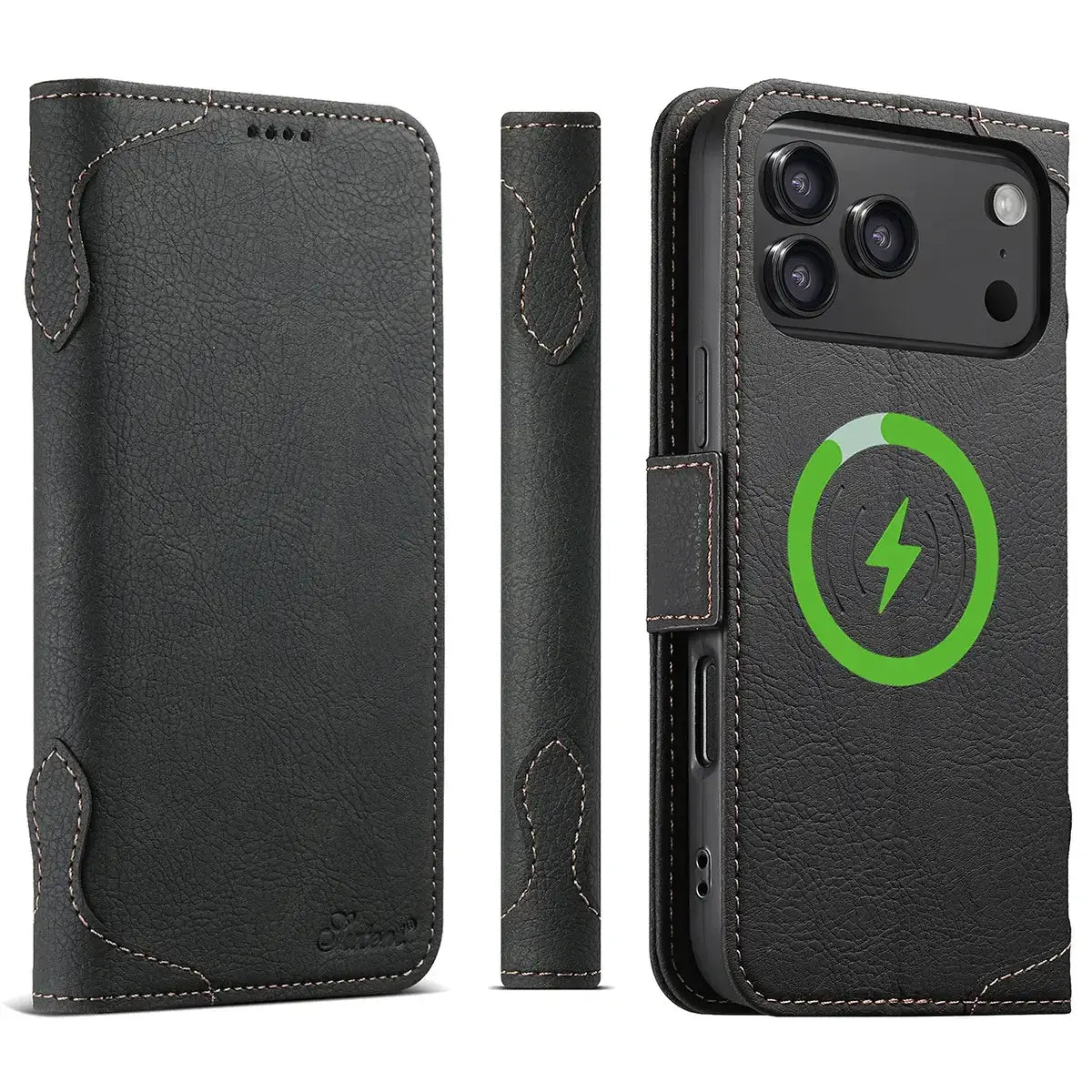 Buy Premium Magnetic Leather Wallet Case for iPhone, RFID Blocking Card Holder & Kickstand, Magsafe Compatible Slim Flip Cover - SUTTON at Caseles-iPhone 17 Pro Max, Black