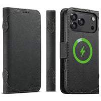 Buy Premium Magnetic Leather Wallet Case for iPhone, RFID Blocking Card Holder & Kickstand, Magsafe Compatible Slim Flip Cover - SUTTON at Caseles-iPhone 17 Pro Max, Black