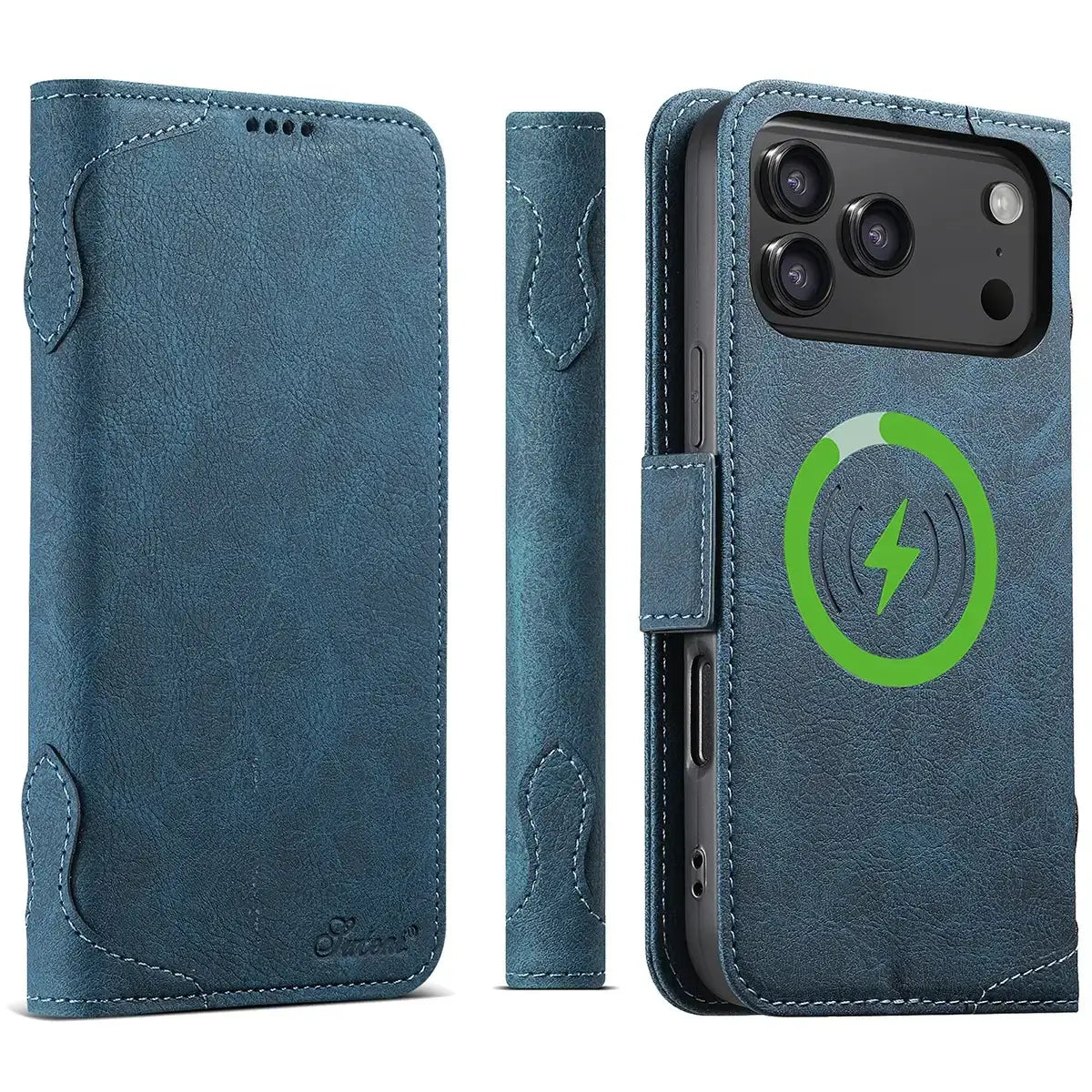 Buy Premium Magnetic Leather Wallet Case for iPhone, RFID Blocking Card Holder & Kickstand, Magsafe Compatible Slim Flip Cover - SUTTON at Caseles-iPhone 17 Pro Max, Blue