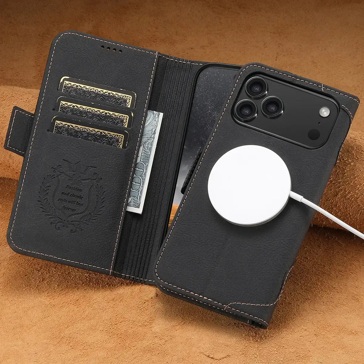 Buy Premium Magnetic Leather Wallet Case for iPhone, RFID Blocking Card Holder & Kickstand, Magsafe Compatible Slim Flip Cover - SUTTON at Caseles-iPhone 17 Pro Max, Brown