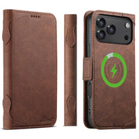 Buy Premium Magnetic Leather Wallet Case for iPhone, RFID Blocking Card Holder & Kickstand, Magsafe Compatible Slim Flip Cover - SUTTON at Caseles-iPhone 17 Pro Max, Brown