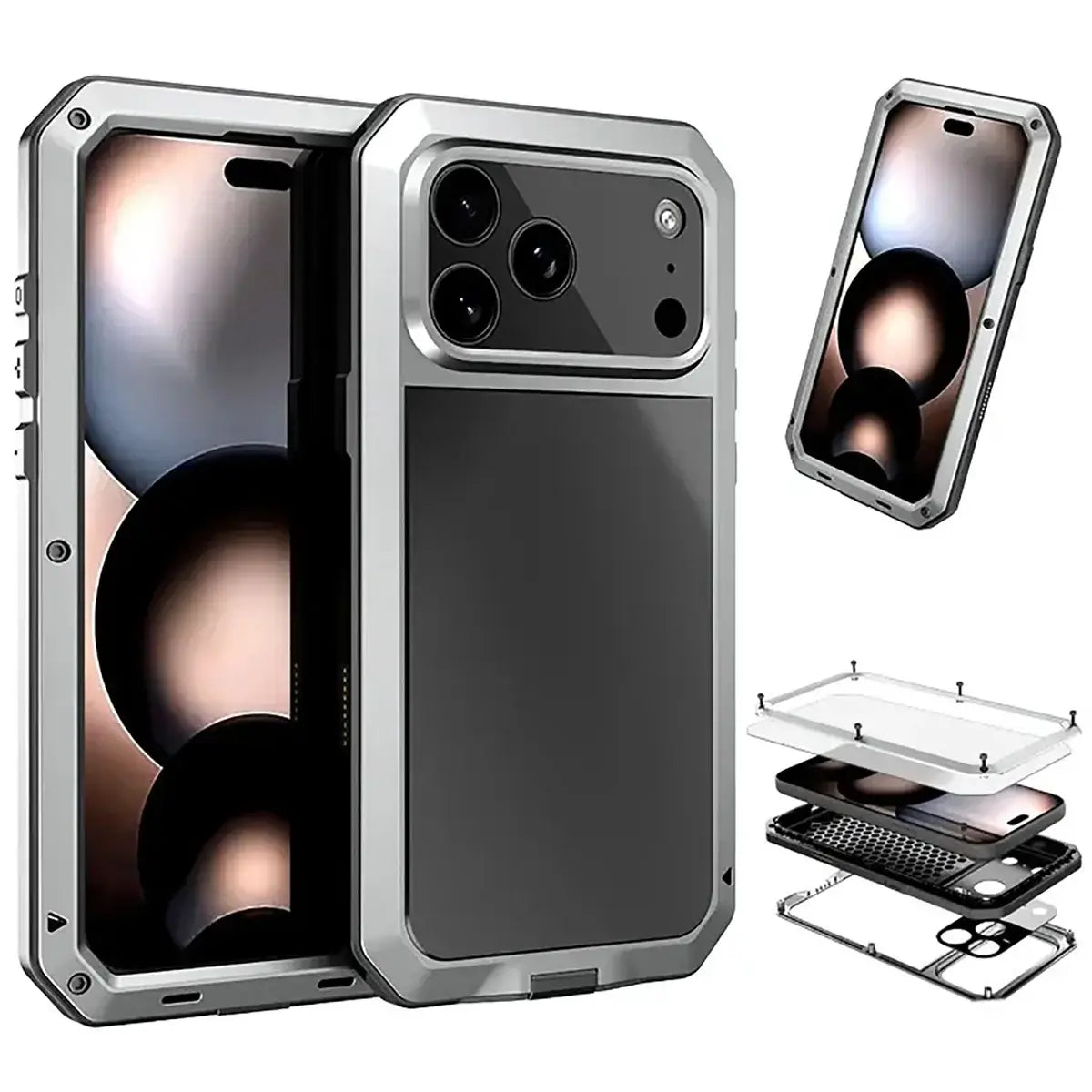 Buy Classic Full Body Metal Armor Phone Case, with Screen Protector, Heavy Duty Defender Shockproof Case - TADDEO at Caseles-iPhone 17 Pro Max, Taddeo-Silver