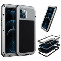 Buy Classic Full Body Metal Armor Phone Case, with Screen Protector, Heavy Duty Defender Shockproof Case - TANKER at Caseles-iPhone 16 Pro Max, Silver