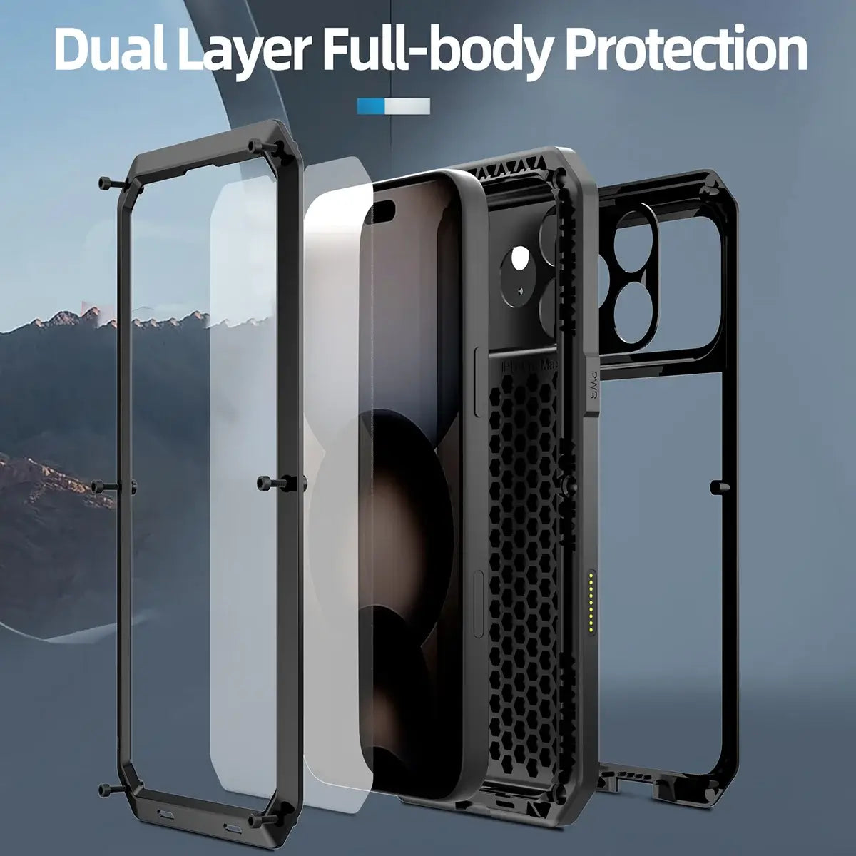 Buy Classic Full Body Metal Armor Phone Case, with Screen Protector, Heavy Duty Defender Shockproof Case - TANKER at Caseles-iPhone 17 Pro Max, Black